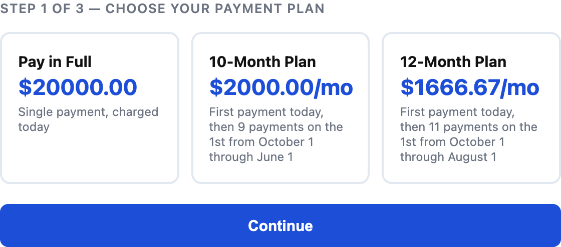 The parent portal payment step, offering pay in full, a ten-month plan and a twelve-month plan with the monthly figure on each.